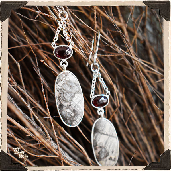 LIMITED EDITION : MUSHROOM RHYOLITE & GARNET DANGLE EARRINGS. For Detoxing, Grounding & Passion.