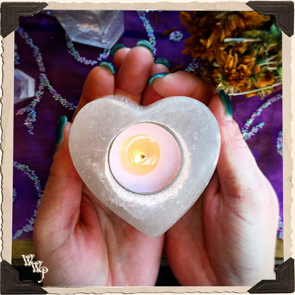 SELENITE HEART Crystal Tealight Candle holder. For Full Moon Magick, Goddess & Cleansing Energy. White Witch Parlour