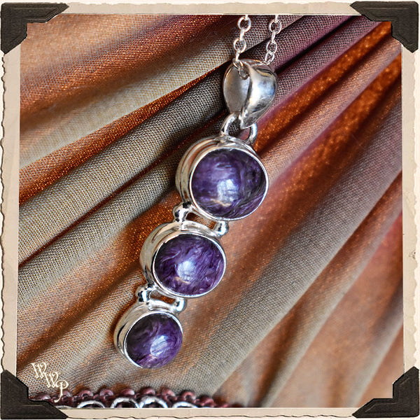 LIMITED EDITION : PURPLE CHAROITE TRIPLE STONE NECKLACE For Psychic Attacks, Emptahs & Magic. White Witch Parlour