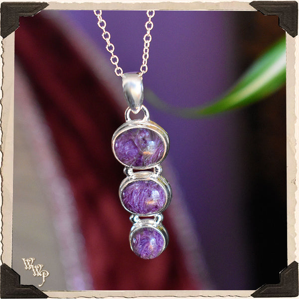 LIMITED EDITION : PURPLE CHAROITE TRIPLE STONE NECKLACE For Psychic Attacks, Emptahs & Magic. White Witch Parlour