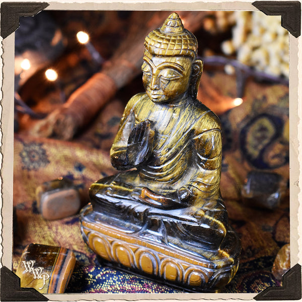 BUDDHA CARVED TIGER'S EYE STATUE. For Courage, Stability & Protection.