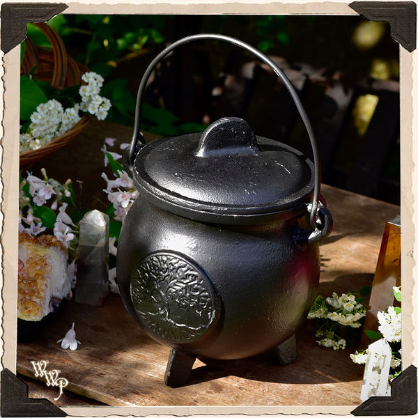 JUMBO BLACK IRON CAULDRON. Tree of Life with Lid, Heavy Duty Witch's Outdoor Cauldron Incense, resins & herbs.