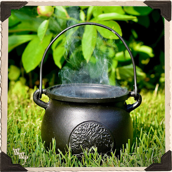 JUMBO BLACK IRON CAULDRON. Tree of Life with Lid, Heavy Duty Witch's Outdoor Cauldron Incense, resins & herbs.