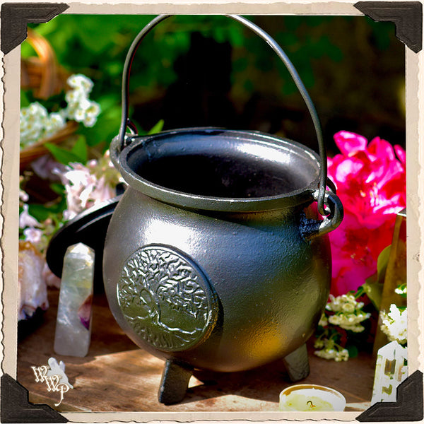 JUMBO BLACK IRON CAULDRON. Tree of Life with Lid, Heavy Duty Witch's Outdoor Cauldron Incense, resins & herbs.