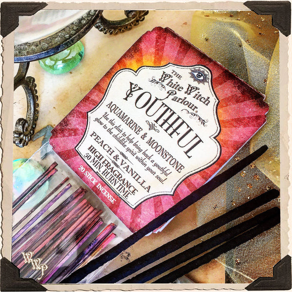 YOUTHFUL Elixir INCENSE. 20 Stick Pack. Peach & Vanilla. Blessed by Aquamarine & Moonstone. White Witch Parlour