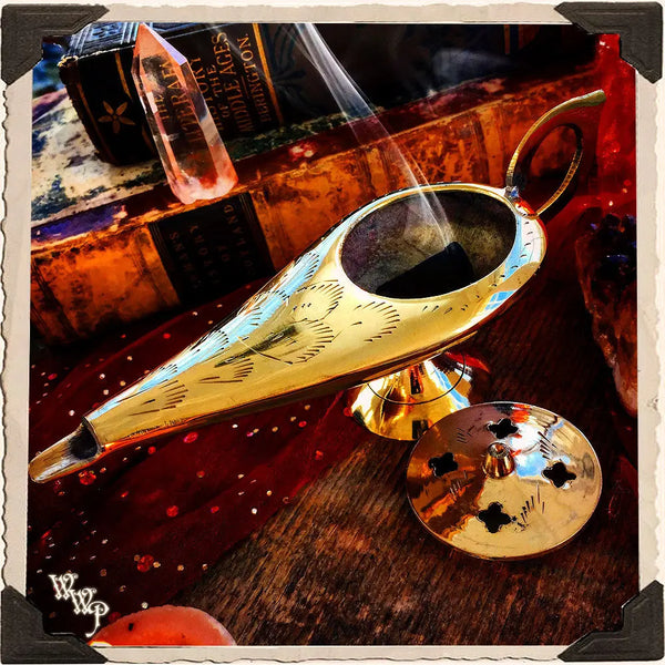 GENIE ALADDIN LAMP Brass Charcoal & Cone Incense Burner. White Witch Parlour