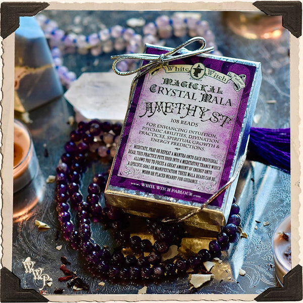 AMETHYST CRYSTAL MALA. 108 Beads. For Enhancing Magick, Psychic Awareness & Protection. White Witch Parlour
