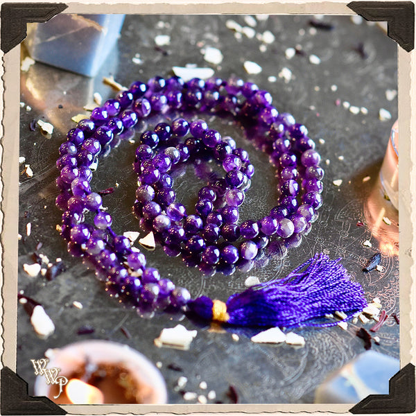 AMETHYST CRYSTAL MALA. 108 Beads. For Enhancing Magick, Psychic Awareness & Protection. White Witch Parlour