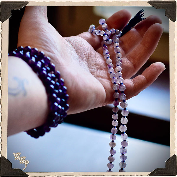 AMETHYST CRYSTAL MALA. 108 Beads. For Enhancing Magick, Psychic Awareness & Protection. White Witch Parlour