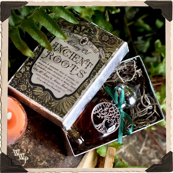 ANCIENT ROOTS All Natural Alchemy Oil 1/3oz. Blessed by Green Aventurine & Red Jasper Crystals. For Spiritual Connection to Earth. White Witch Parlour