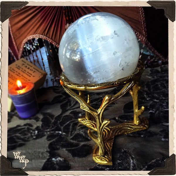 BRASS BRANCHES SPHERE STAND / BASE. Large Gold Metal Woodland Crystal Sphere Tripod Holder. 50mm - 100mm White Witch Parlour