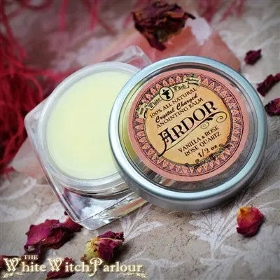 ARDOR 1/2oz. SOLID PERFUME. All Natural Anointing Balm. Vanilla & Rose. Blessed with Rose Quartz For Self Love White Witch Parlour