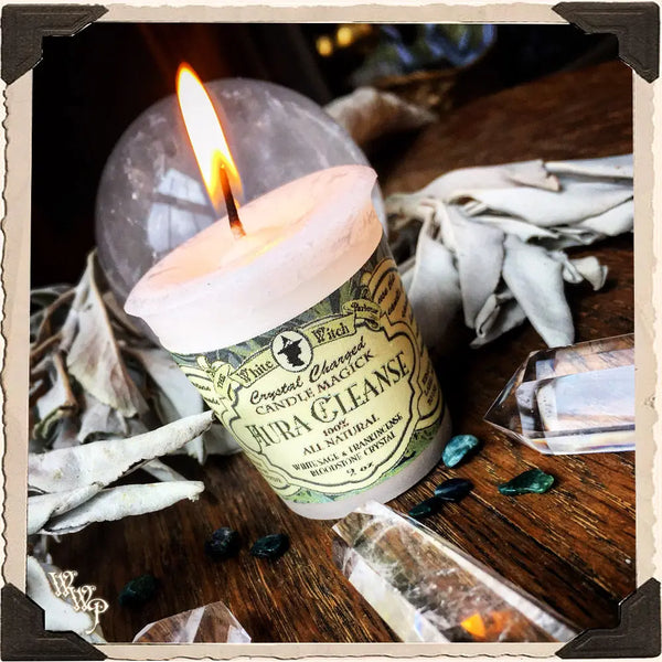 AURA CLEANSE VOTIVE CANDLE. All Natural Frankincense Resin, White Sage Essential Oil & Bloodstone Crystal White Witch Parlour