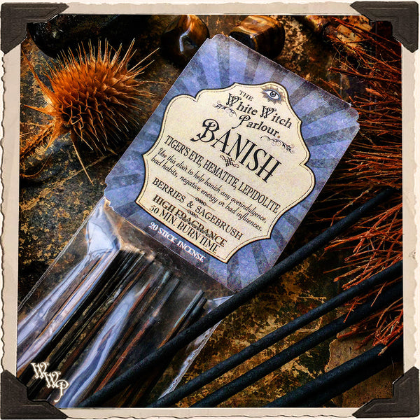 BANISH Elixir INCENSE. 20 Stick Pack. For Removing Hexes, Curses & Negative Energy. White Witch Parlour