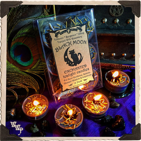 BLACK MOON TEALIGHT CANDLES. 12 Pack. For Soul Guidance, Ancient Wisdom, Seance & Intentions. White Witch Parlour