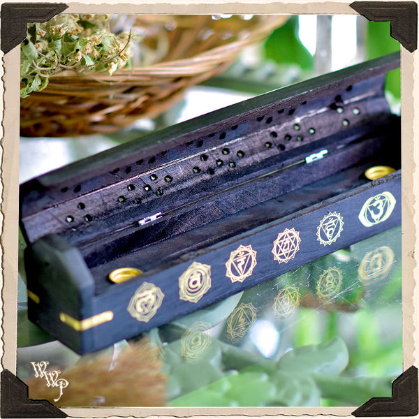 CHAKRA SYMBOLS BLACK COFFIN BOX. Wooden Incense Burner for Incense Stick & Cone Holder. White Witch Parlour