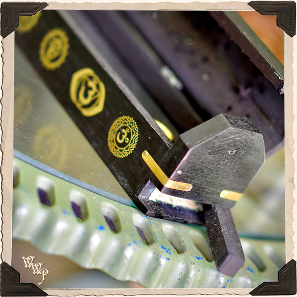 CHAKRA SYMBOLS BLACK COFFIN BOX. Wooden Incense Burner for Incense Stick & Cone Holder. White Witch Parlour