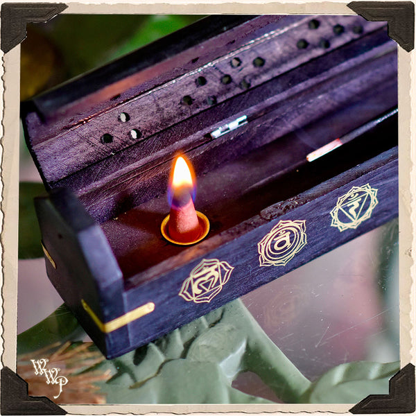 CHAKRA SYMBOLS BLACK COFFIN BOX. Wooden Incense Burner for Incense Stick & Cone Holder. White Witch Parlour