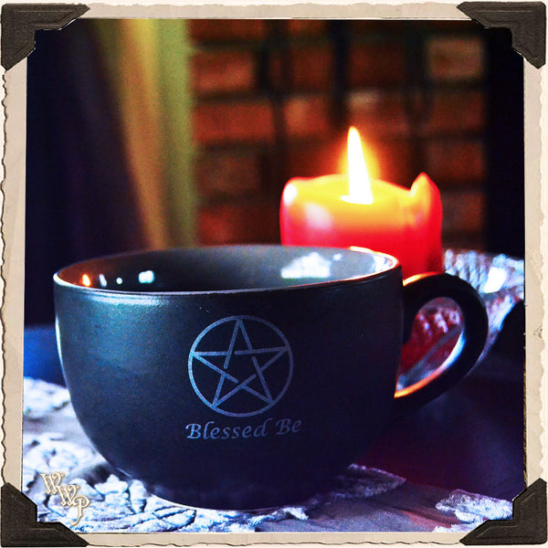 "BLESSED BE" PENTACLE COFFEE / TEA MUG. Large Black & Gray Witches Cauldron Cup. White Witch Parlour