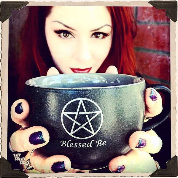 "BLESSED BE" PENTACLE COFFEE / TEA MUG. Large Black & Gray Witches Cauldron Cup. White Witch Parlour