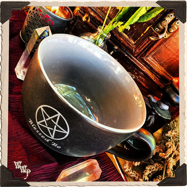"BLESSED BE" PENTACLE COFFEE / TEA MUG. Large Black & Gray Witches Cauldron Cup. White Witch Parlour