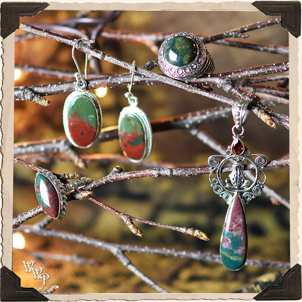 LIMITED EDITION : BLOODSTONE POINTED OVAL RING. For Grounding, Healing & Generosity. Sterling Silver. (SKU:D2374) White Witch Parlour