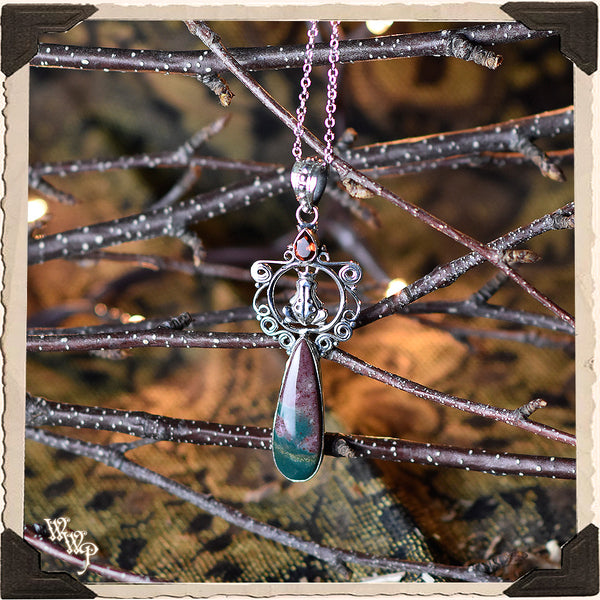 LIMITED EDITION : BLOODSTONE FROG PENDANT NECKLACE. For Grounding, Healing & Generosity. Sterling Silver. (SKU:D2258) White Witch Parlour