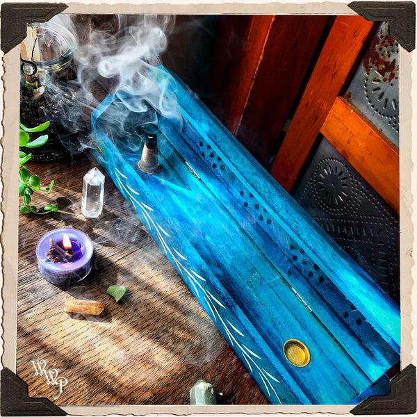 GYPSY TEAL WOODEN INCENSE BURNER. Box For Incense Sticks & Cones. White Witch Parlour
