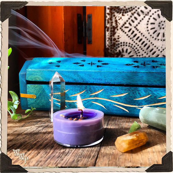 GYPSY TEAL WOODEN INCENSE BURNER. Box For Incense Sticks & Cones. White Witch Parlour