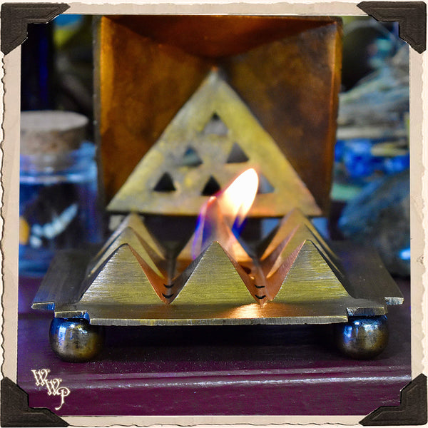 BRASS PYRAMID 'EYE OF HORUS' INCENSE BURNER. For Cone Incense Spiritual Altar Decor White Witch Parlour