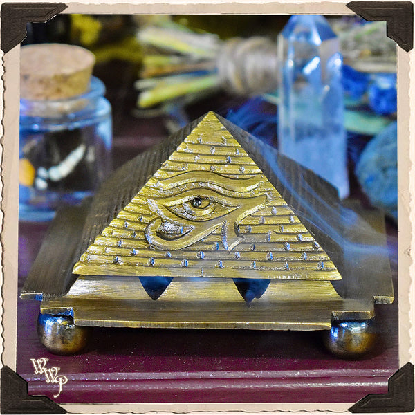 BRASS PYRAMID 'EYE OF HORUS' INCENSE BURNER. For Cone Incense Spiritual Altar Decor White Witch Parlour