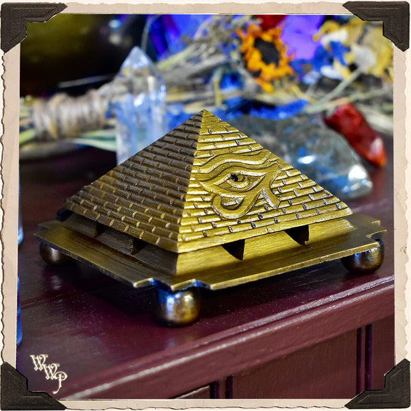 BRASS PYRAMID 'EYE OF HORUS' INCENSE BURNER. For Cone Incense Spiritual Altar Decor White Witch Parlour