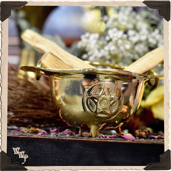 PENTACLE BRASS CAULDRON with Handle For Resins, Herbs & Incense. White Witch Parlour