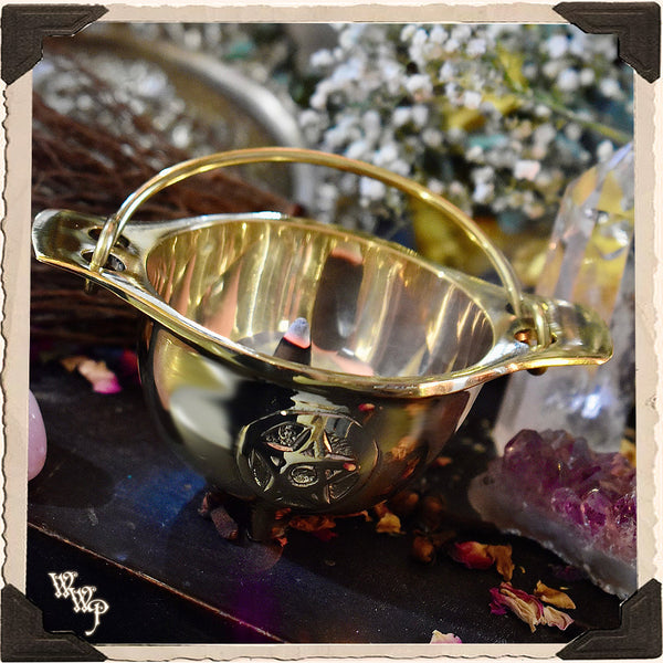 PENTACLE BRASS CAULDRON with Handle For Resins, Herbs & Incense. White Witch Parlour