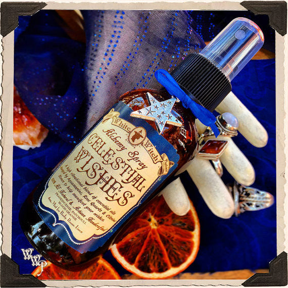 CELESTIAL WISHES 4oz. SMUDGE SPRAY. All Natural. Scent of Frankincense, Patchouli & Blood Orange. Blessed by Aquamarine, Rose Quartz & Citrine For Manifestation. White Witch Parlour