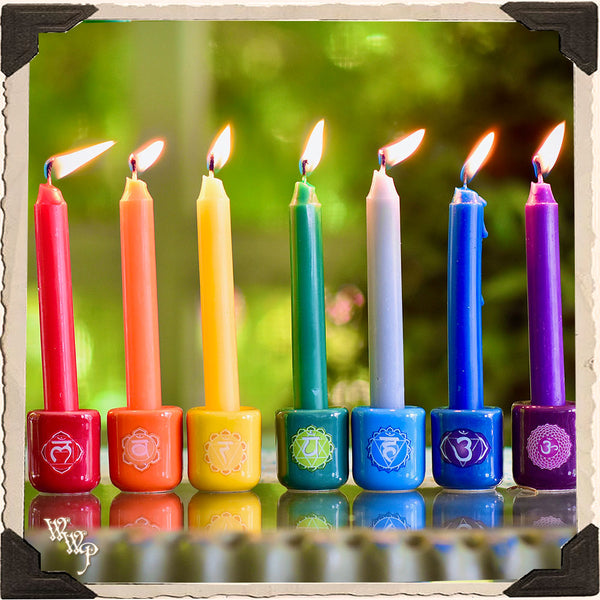CHAKRA CANDLE HOLDER SET. For Mini Taper, Chime & Spell Candles. For Reiki Healing & Spiritual Alignment. White Witch Parlour
