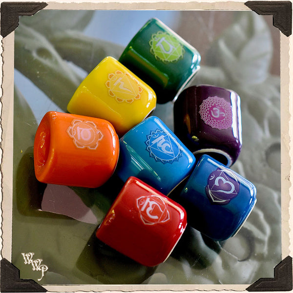 CHAKRA CANDLE HOLDER SET. For Mini Taper, Chime & Spell Candles. For Reiki Healing & Spiritual Alignment. White Witch Parlour