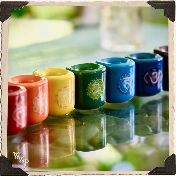 CHAKRA CANDLE HOLDER SET. For Mini Taper, Chime & Spell Candles. For Reiki Healing & Spiritual Alignment. White Witch Parlour