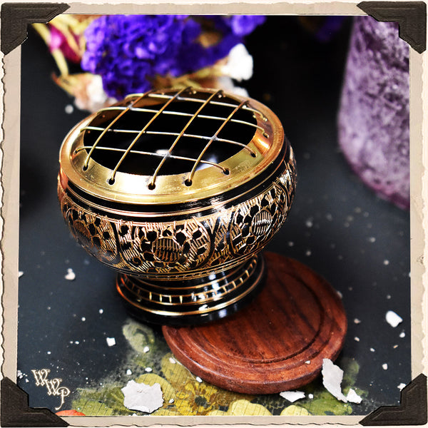 CHARCOAL BURNER with Brass Screen & Wooden Coaster, Incense Censer for herbs, resins and oils. White Witch Parlour
