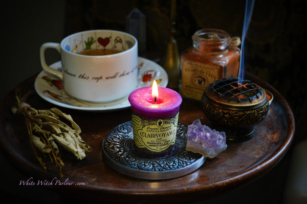 CLAIRVOYANCE VOTIVE CANDLE. All Natural Styrax Resin, Frankincense Essential Oil & Amethyst Crystal White Witch Parlour