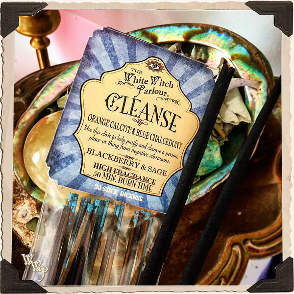 CLEANSE Elixir INCENSE. 20 Stick Pack. Scent of Blackberry & Sage. Blessed by Orange Calcite & Blue Chalcedony Crystals. White Witch Parlour