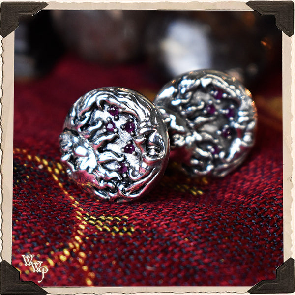 LIMITED EDITION : RED GARNET SUN MOON CUFFLINKS. For Protection & Witchcraft. Sterling Silver.( SKU:26405 )