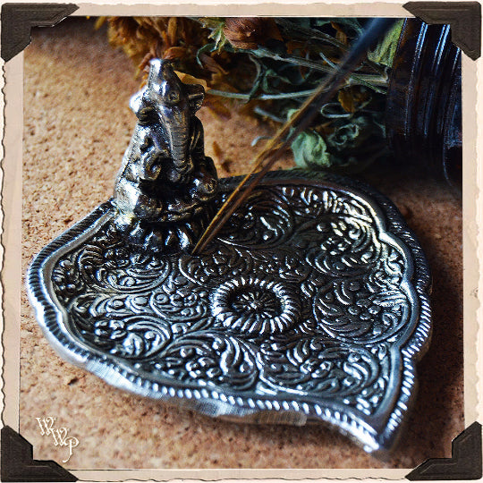 GANESHA BOHEMIAN INCENSE BURNER. Aluminum Dish. Incense Stick & Cone Holder. White Witch Parlour