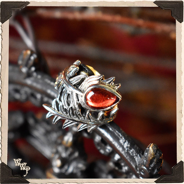 LIMITED EDITION : RED GARNET FEATHER RING. For Protection & Witchcraft. Sterling Silver.( SKU:370B ) White Witch Parlour