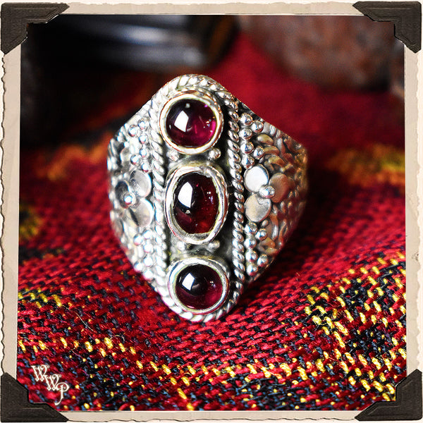 LIMITED EDITION : TRIPLE RED GARNET RING w/ FLOWER. For Protection & Witchcraft. Sterling Silver.( SKU:380AB )