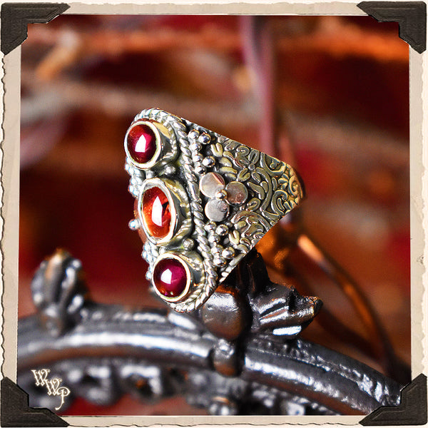 LIMITED EDITION : TRIPLE RED GARNET RING w/ FLOWER. For Protection & Witchcraft. Sterling Silver.( SKU:380AB )