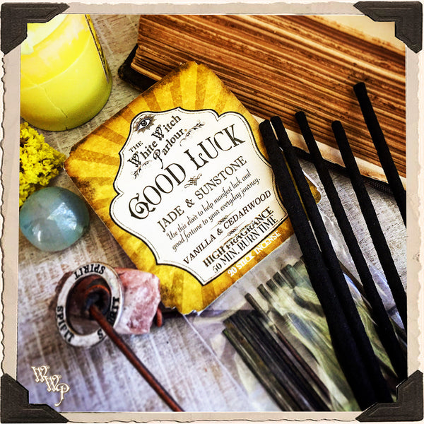 GOOD LUCK Elixir INCENSE. 20 Stick Pack. Scent of Vanilla & Cedar Wood. Blessed by Sunstone & Jade Crystals. White Witch Parlour