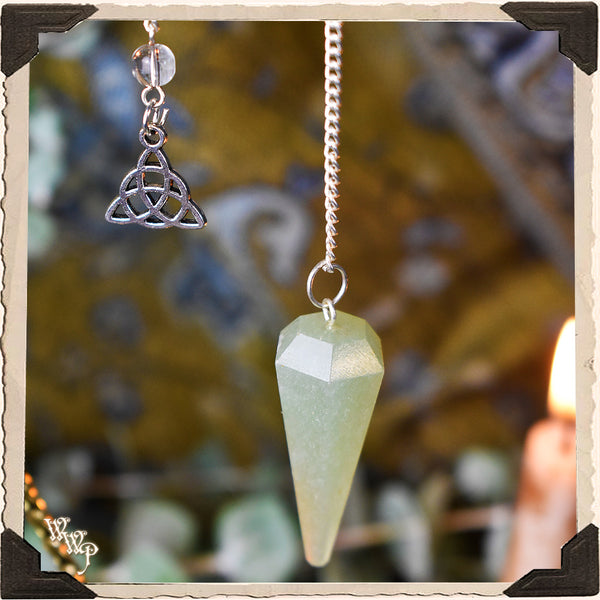 GREEN AVENTURINE CRYSTAL PENDULUM with Triquetra Charm. For Grounding & Prosperity. White Witch Parlour