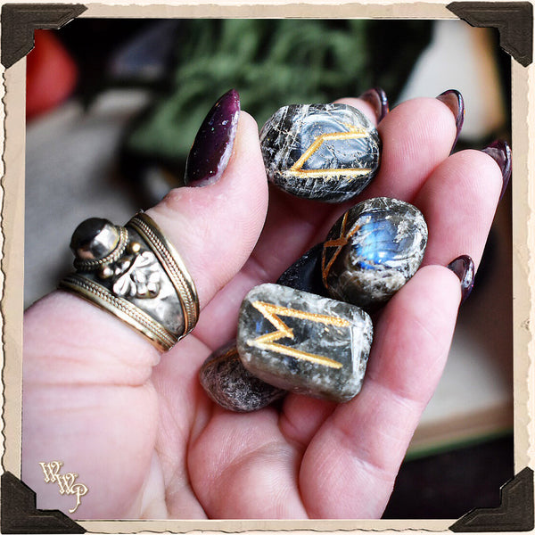 LABRADORITE CRYSTAL MAGICK RUNE SET. For Divination & Fortune Telling White Witch Parlour