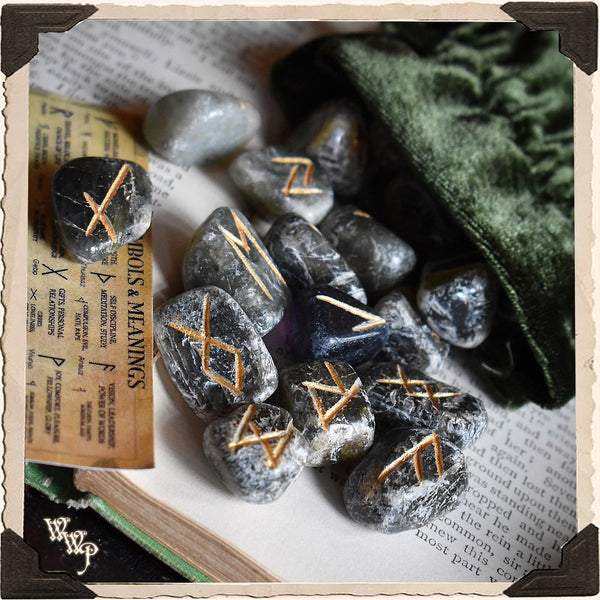 LABRADORITE CRYSTAL MAGICK RUNE SET. For Divination & Fortune Telling White Witch Parlour